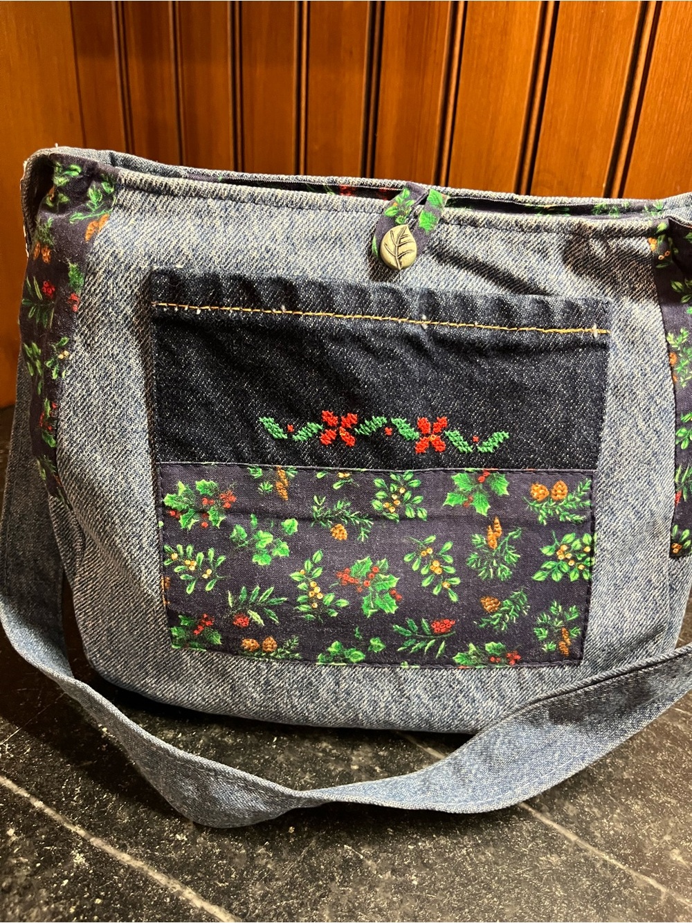 Hand Crafted Christmas Denim Shoulder Bag with Green and Red Cross Stitch